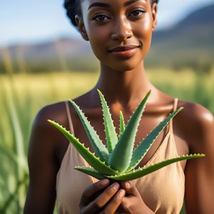Woman holding a fresh aloe vera leaf in a sunlit field — natural aloe vera skincare ingredient for ORY Skincare.
