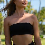 Woman in a tropical setting wearing a black top — plant-derived Cetyl Alcohol skincare ingredient for ORY Skincare.