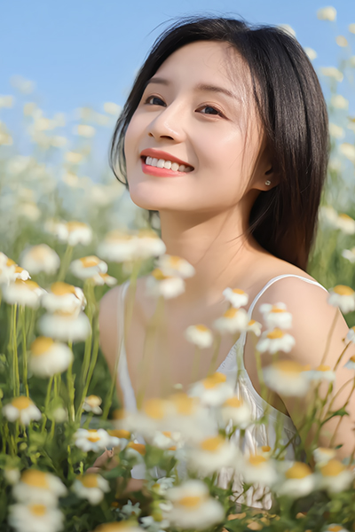 Woman in a field of chamomile flowers — calming chamomile extract skincare ingredient for ORY Skincare.