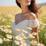 Woman in a field of chamomile flowers — calming chamomile extract skincare ingredient for ORY Skincare.