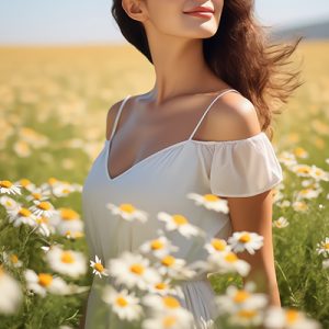 Woman in a field of chamomile flowers — calming chamomile extract skincare ingredient for ORY Skincare.