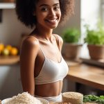 Smiling woman in white top surrounded by bowls of rice, grains, nuts, and herbs in bright kitchen, representing natural sources of Niacinamide (Vitamin B3) in Oryskincare's strengthening skincare products for improved barrier function, reduced pores, and even-toned skin.