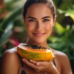 Smiling woman in green top holding fresh halved papaya in lush tropical garden, representing the exfoliating Papaya Extract in Oryskincare's brightening skincare products for smoother, radiant, and rejuvenated skin.