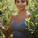 Woman standing among tea tree foliage, representing tea tree oil’s natural purifying, antibacterial, and skin-balancing properties in skincare.
