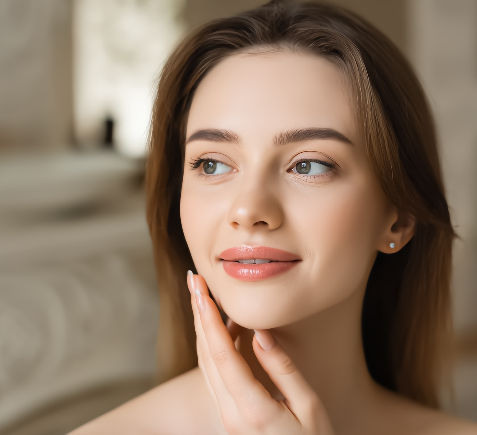 Woman with smooth, balanced complexion applying hydrating lotion — ORY Skincare moisturizer for normal skin.