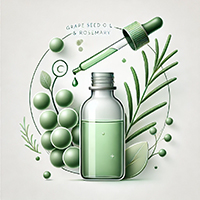 Illustrated green bottle of Grape Seed & Rosemary Oil with dropper releasing a drop, encircled by grape seeds, rosemary branches, and leaves, highlighting the natural antioxidant blend in Oryskincare's soothing and protective skincare oils for balanced, radiant skin.