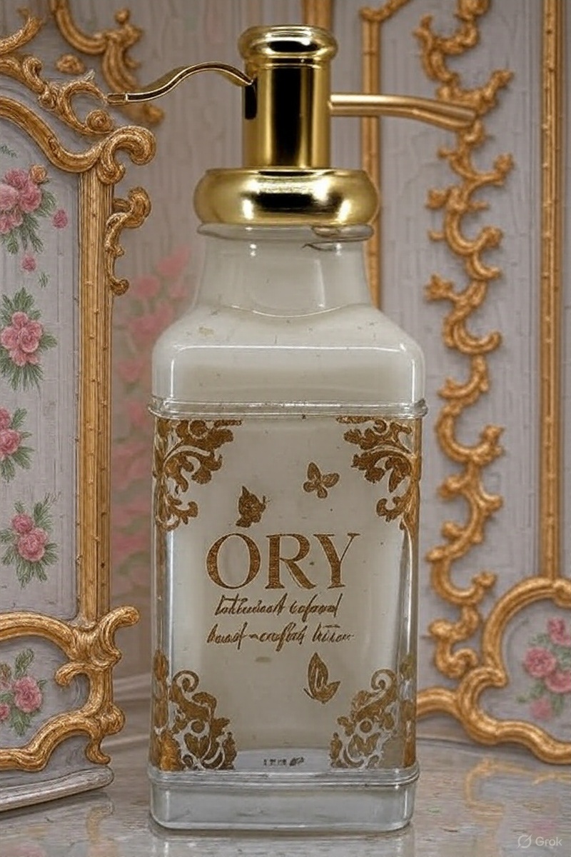 ORY Skincare personalized lotion bottle in rococo style featuring ornate gold detailing, handcrafted botanical-infused lotion, and vintage floral design.