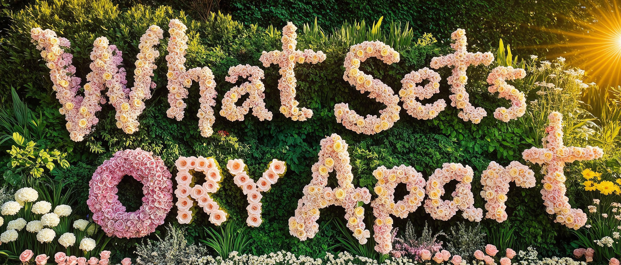 “What Sets ORY Apart spelled in blooming flowers against lush greenery, symbolizing ORY Skincare’s botanical philosophy, craftsmanship, and nature-inspired beauty.”