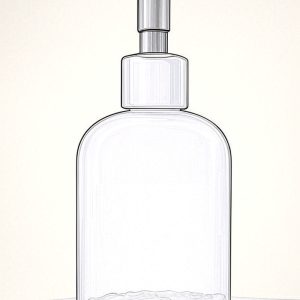 Illustrated clear glass ORY personalized bottle with pump dispenser containing light blue liquid, set against soft background, representing Oryskincare's custom botanical-infused skincare solutions for gentle, effective daily use and hydrated skin.