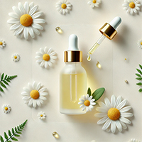 Chamomile oil infusion with fresh chamomile flowers and botanical extracts, showcasing a calming, soothing oil blend used in ORY Skincare formulations for sensitive and balanced skin.