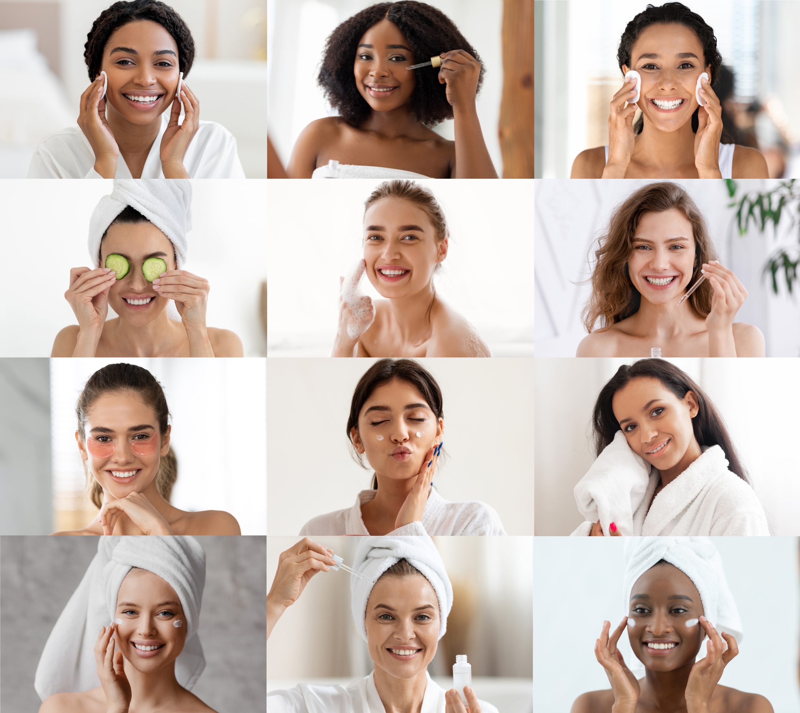 Collage of diverse women performing skincare routines, including cleansing, applying serum, masking, and moisturizing with ORY Skincare products.