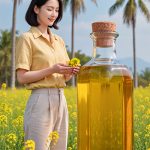 Woman in a yellow field beside a large bottle of golden oil — plant-derived emulsifier Behentrimonium Methosulfate for ORY Skincare.
