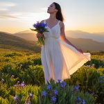 Woman holding blue borage flowers in a mountain meadow at sunset — natural borage seed oil skincare ingredient for ORY Skincare.