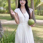 Woman holding a fresh coconut in a tropical garden — natural coconut oil skincare ingredient for ORY Skincare.