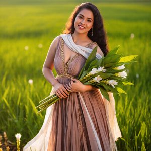 Woman holding turmeric flowers in a sunlit field — curcumin antioxidant and brightening skincare ingredient for ORY Skincare.