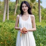 Woman in a lush botanical field holding a coconut, symbolizing the emulsifying and stabilizing benefits of Glycerol Monostearate-SE in ORY Skincare formulations.