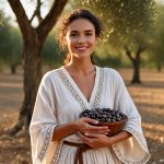 Smiling woman in embroidered white dress holding basket of fresh olives in sunny olive grove, embodying the antioxidant-rich Olive Leaf Extract in Oryskincare's protective skincare products for soothed, firm, and radiant skin.