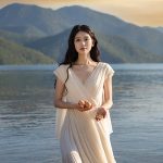 Serene woman in flowing white dress kneeling in tranquil lake holding eggs, symbolizing protein-rich sources of Peptides in Oryskincare's anti-aging skincare products for firmer, repaired, and youthful skin.