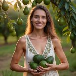 Woman holding fresh avocados under an avocado tree — natural avocado oil skincare ingredient for ORY Skincare.