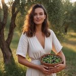 Woman holding a basket of olives in an orchard — olive-derived Cetearyl Olivate emulsifier for ORY Skincare.