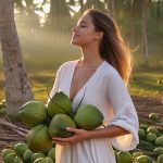 Woman holding fresh coconuts in a tropical grove — coconut-derived Cocamidopropyl Betaine cleanser ingredient for ORY Skincare.