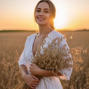 Woman in an oat field holding fresh oats at sunset — soothing colloidal oat skincare ingredient for ORY Skincare.
