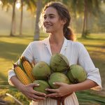 Woman standing in a tropical grove holding coconuts and corn, representing ORY Skincare’s use of decyl glucoside, a mild plant-derived cleanser made from sugars and fatty alcohols for gentle skin cleansing.