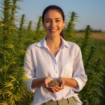 Smiling woman in white shirt holding hemp seeds in sunny hemp field, representing the nourishing Hemp Seed Oil in Oryskincare's moisturizing and anti-inflammatory skincare products for balanced, healthy skin.