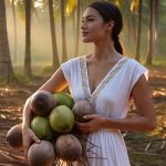 Elegant woman in white dress holding bunch of fresh coconuts in misty tropical palm grove at sunset, representing natural coconut-derived Lauryl Glucoside surfactant in Oryskincare's mild cleansing products for gentle, foam-rich skincare.