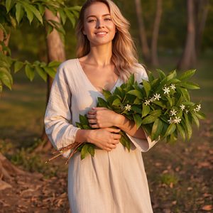 Smiling blonde woman in beige dress holding fresh neem branches with white flowers in tropical forest at sunset, illustrating the purifying Neem Leaf Extract in Oryskincare's antibacterial skincare products for clear, soothed, and healthy skin.
