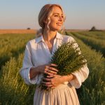 Woman standing in a rosemary field holding fresh rosemary sprigs, representing ORY Skincare’s use of rosemary extract as a botanical antioxidant ingredient known for purifying, stimulating, and protecting the skin.