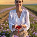 Woman standing in a saffron field holding fresh saffron threads, representing ORY Skincare’s use of saffron extract as a rare botanical ingredient known for brightening, antioxidant protection, and skin revitalization.