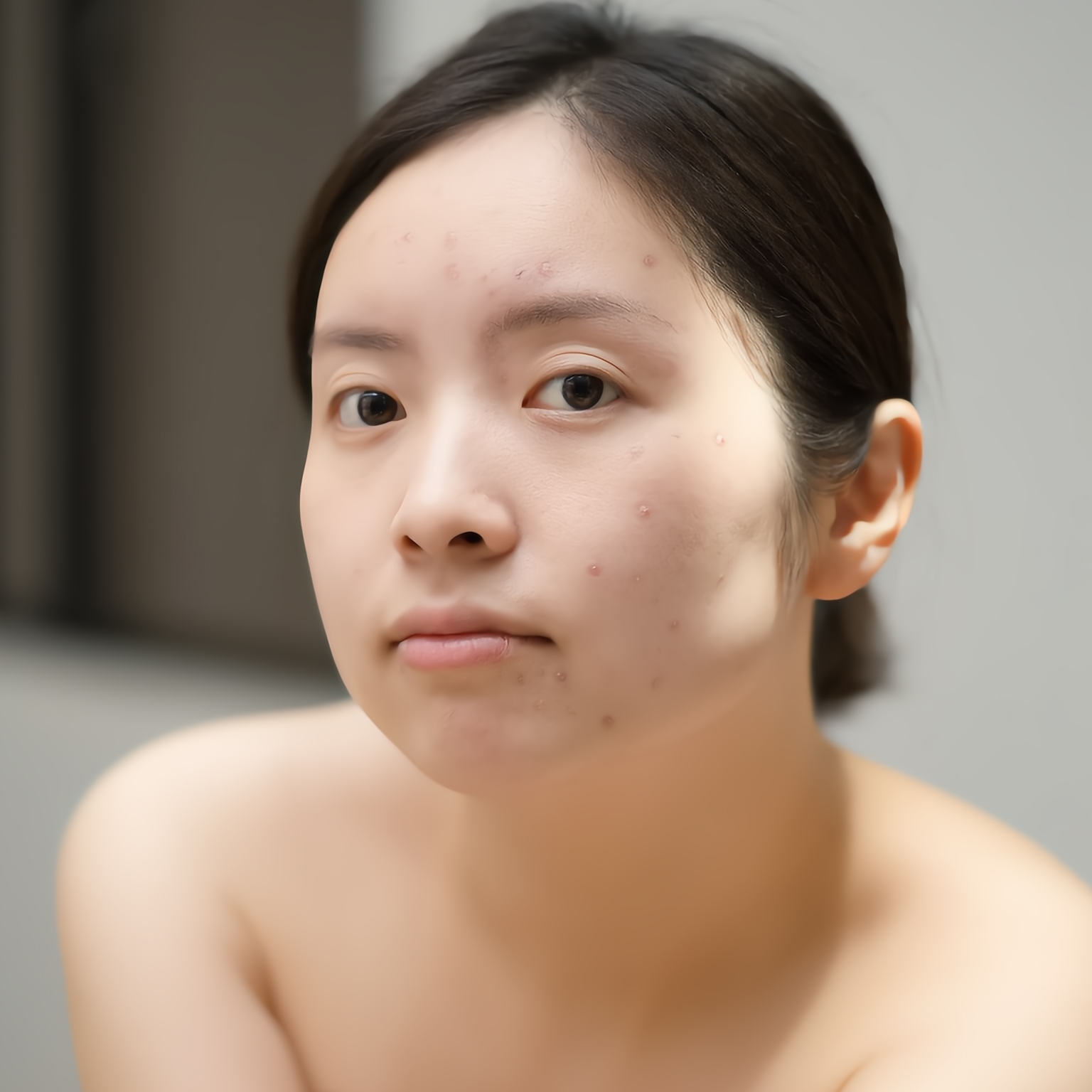Woman with acne-prone skin showing visible blemishes and inflammation — ORY Skincare custom botanical solutions for acne-prone skin.