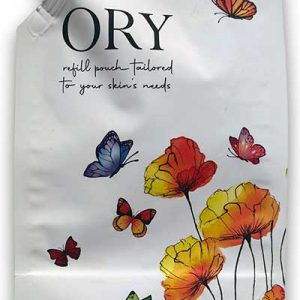 ORY refill pouch featuring botanical illustrations, designed for custom-made lotions, toners, serums, cleansers, creams, and body oils.
