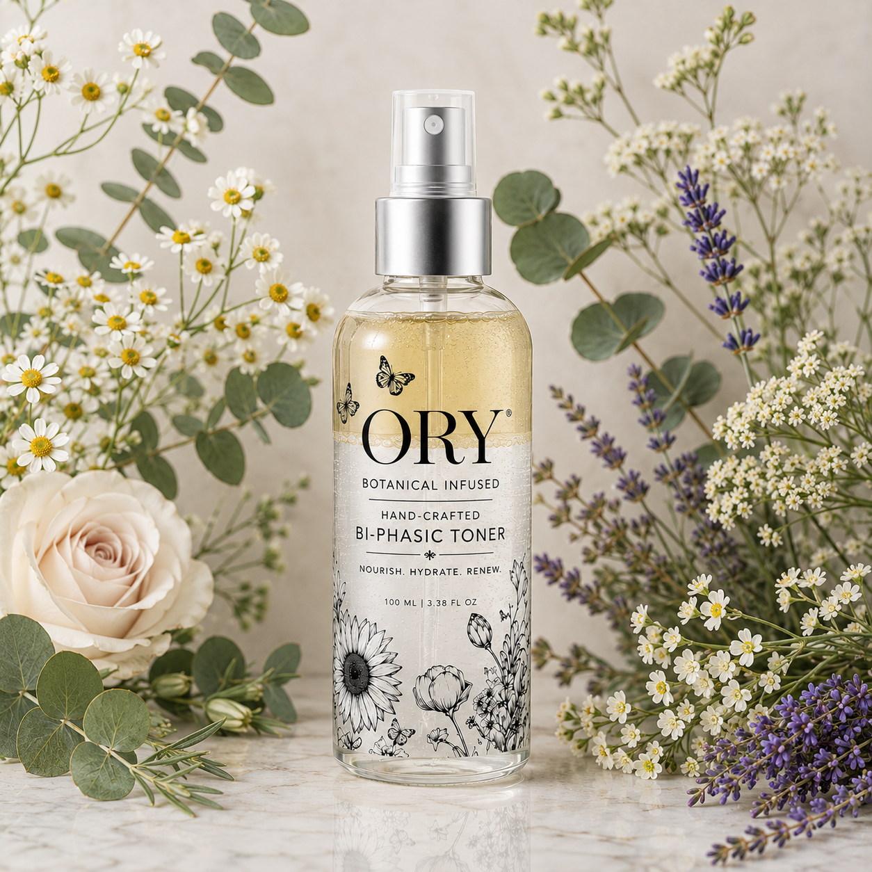 ORY Botanical Infused Hand-Crafted Bi-Phasic Toner in a 100 ml spray bottle with lavender, eucalyptus and flowers.