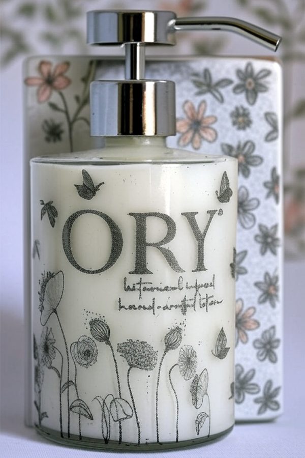 Elegant personalized ORY botanical infused hand and body lotion bottle with pump dispenser, featuring leaf and butterfly designs on floral background, showcasing Oryskincare's custom natural skincare solutions for nourished, hydrated skin.