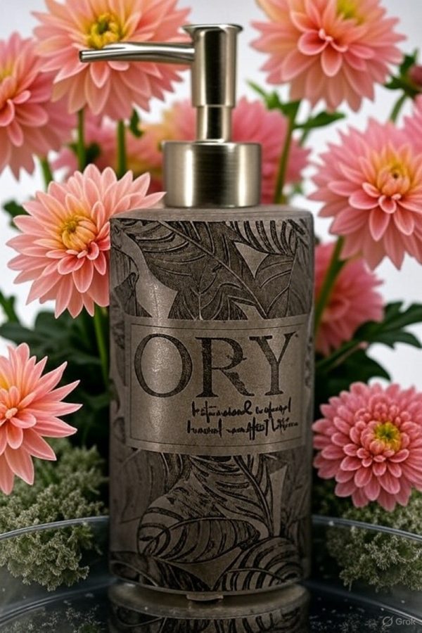 Elegant personalized ORY botanical infused hand and body lotion bottle with pump dispenser, featuring leaf and butterfly designs on floral background, showcasing Oryskincare's custom natural skincare solutions for nourished, hydrated skin.