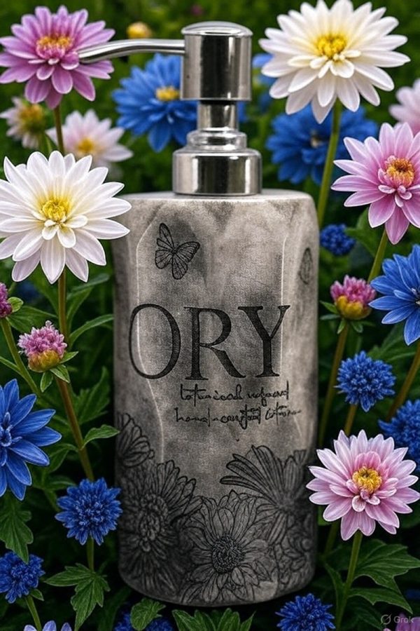 Elegant personalized ORY botanical infused hand and body lotion bottle with pump dispenser, featuring leaf and butterfly designs on floral background, showcasing Oryskincare's custom natural skincare solutions for nourished, hydrated skin.