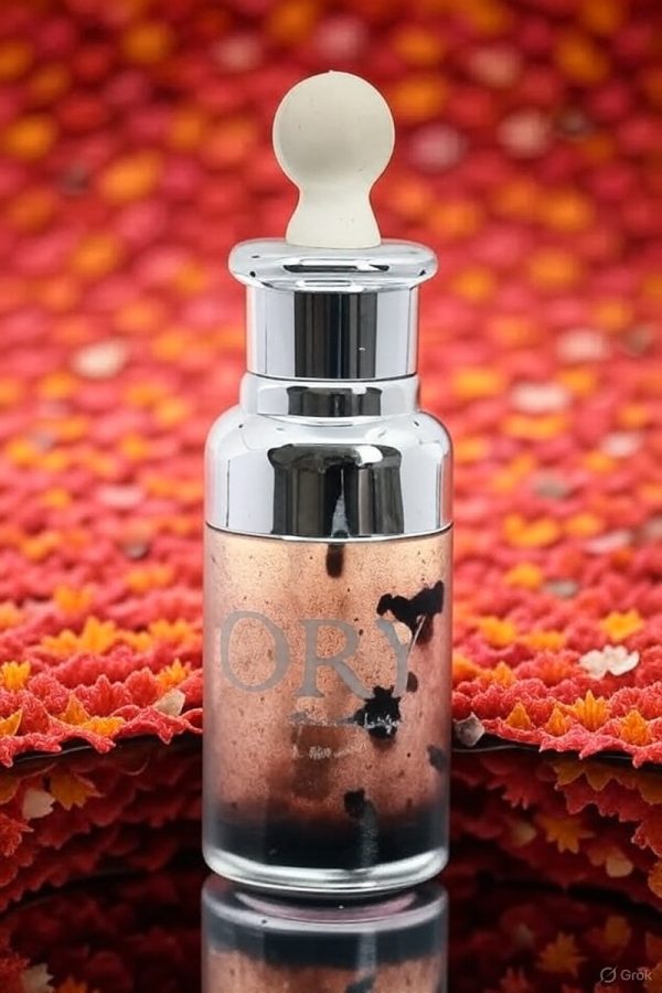 ORY Skincare personalized bi-phasic serum bottle with botanical infusion, showcasing oil-and-water layers in a luxury glass dropper bottle against a floral backdrop
