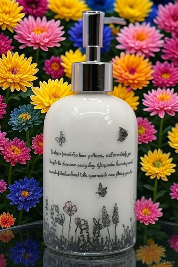 Elegant personalized ORY botanical infused hand and body lotion bottle with pump dispenser, featuring leaf and butterfly designs on floral background, showcasing Oryskincare's custom natural skincare solutions for nourished, hydrated skin.
