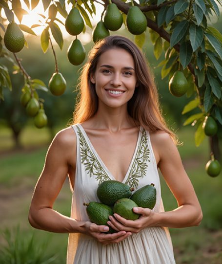 Woman holding fresh avocados under an avocado tree — natural avocado oil skincare ingredient for ORY Skincare.