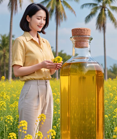 Woman in a yellow field beside a large bottle of golden oil — plant-derived emulsifier Behentrimonium Methosulfate for ORY Skincare.