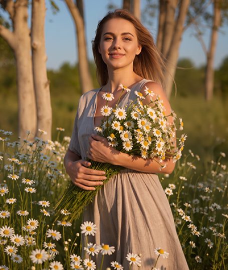 Woman holding a bouquet of chamomile flowers in a sunlit field — natural bisabolol skincare ingredient for ORY Skincare.