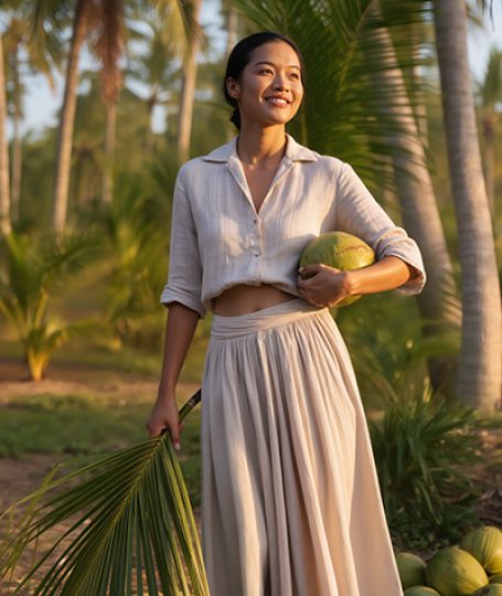 Woman holding coconuts in a tropical grove — source of caprylic/capric triglyceride used in ORY Skincare formulations.