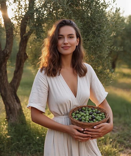 Woman holding a basket of olives in an orchard — olive-derived Cetearyl Olivate emulsifier for ORY Skincare.
