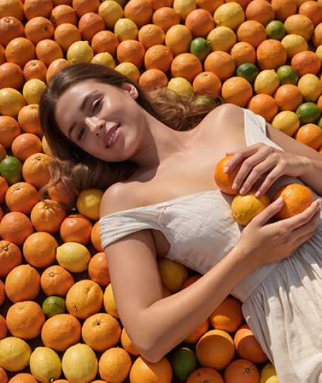 Woman lying on a bed of citrus fruits — natural citrate (citric acid) skincare ingredient for ORY Skincare.