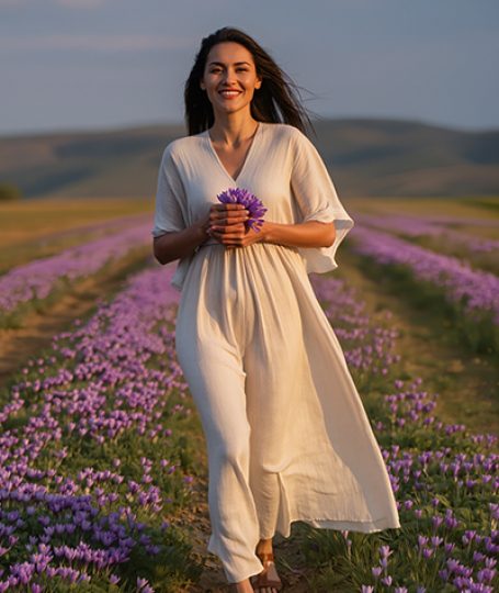 Woman walking through a purple crocus field holding saffron flowers — crocin antioxidant skincare ingredient for ORY Skincare.