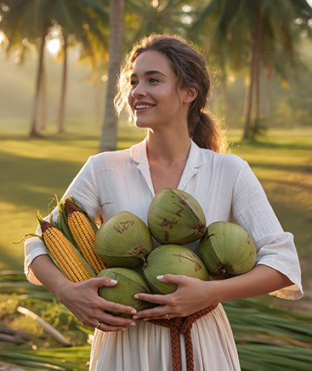 Woman standing in a tropical grove holding coconuts and corn, representing ORY Skincare’s use of decyl glucoside, a mild plant-derived cleanser made from sugars and fatty alcohols for gentle skin cleansing.