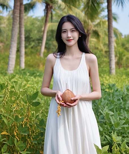 Woman in a lush botanical field holding a coconut, symbolizing the emulsifying and stabilizing benefits of Glycerol Monostearate-SE in ORY Skincare formulations.