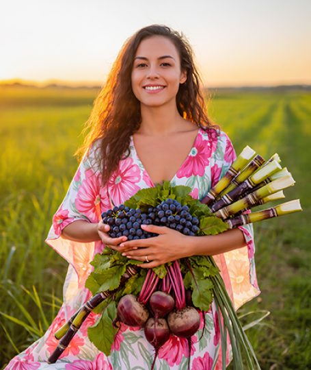 Smiling woman in floral dress holding fresh sugarcane, grapes, and beets in sunny field, symbolizing natural sources of Glycolic Acid for Oryskincare exfoliating and renewing skincare products.